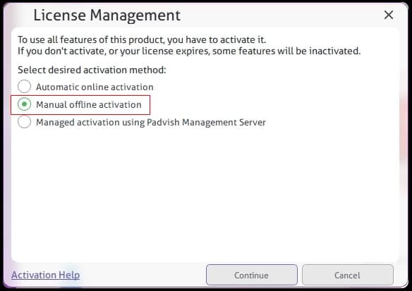 Selecting Manual Offline Activation - 1