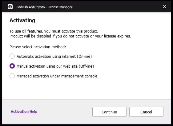Selecting Manual Offline Activation - 1